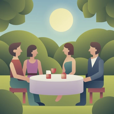 A garden party with guests wearing vintage attire, surrounded by lush greenery and illuminated by soft moonlight.