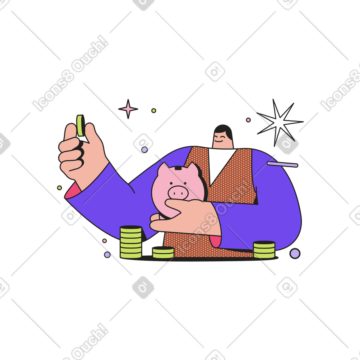 Dazzle スタイルの Person saving money with piggy bank, budgeting and financial planning のアニメーションイラストをGIF、Lottie (JSON)、AEでダウンロード