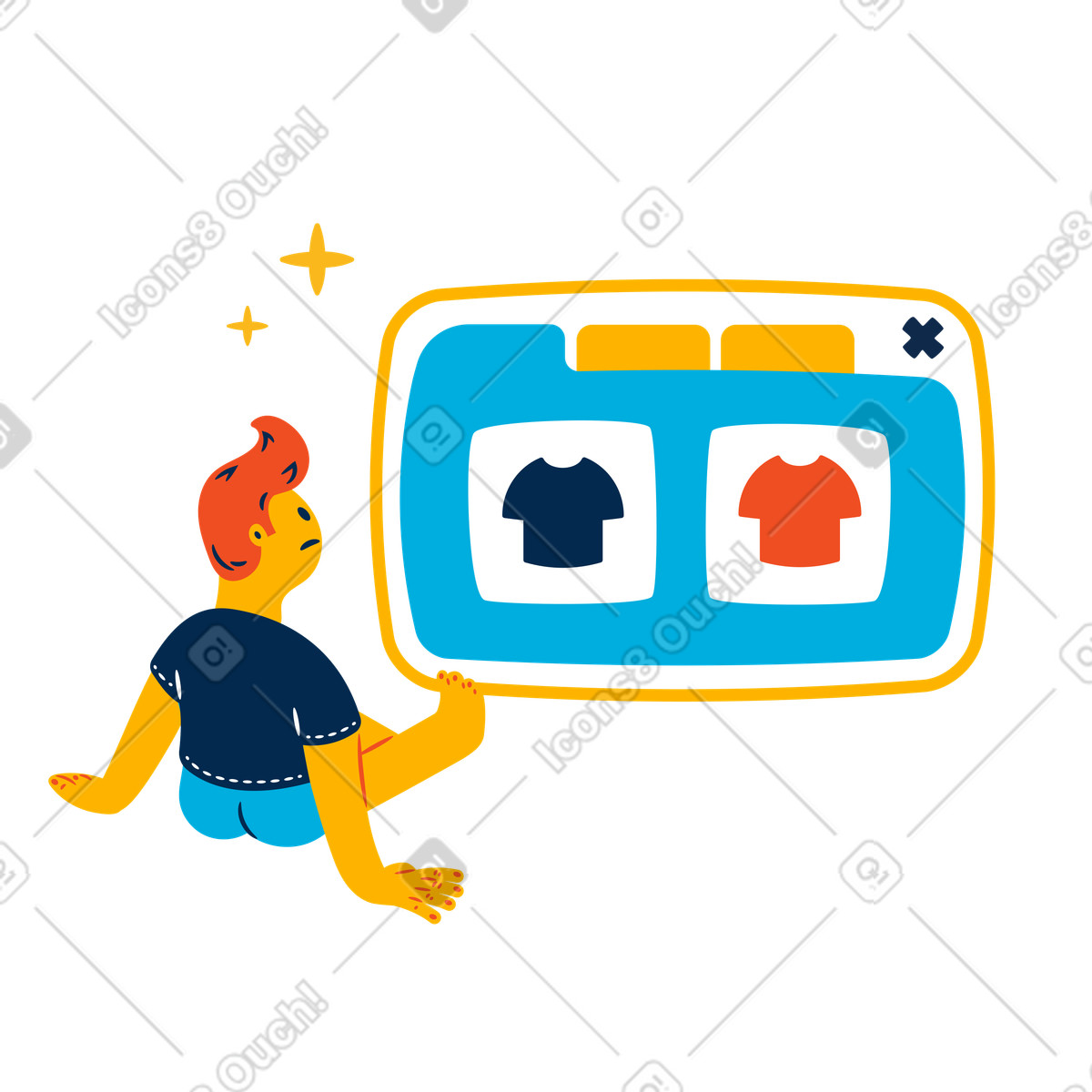 Mann sitzt auf dem boden und schaut einen browser-tab mit kleidung-Illustration im Flame-Stil als Download in PNG, SVG
