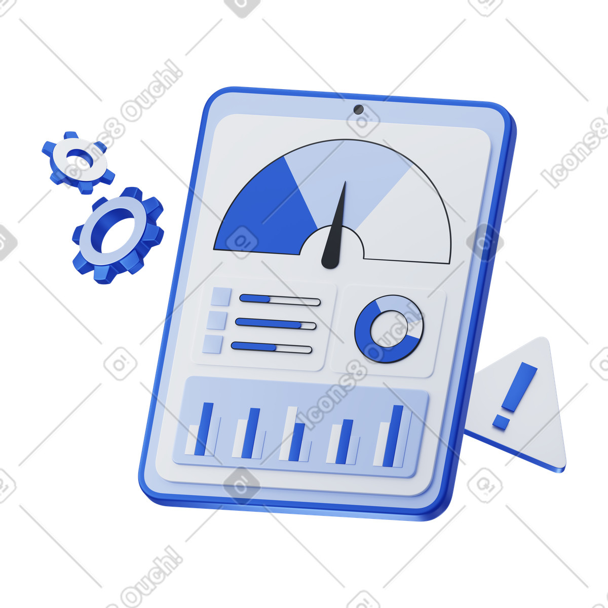 Risk dashboard with meter and charts, Business insights management animated illustration in 3D Techny style download in GIF, Lottie (JSON), AE