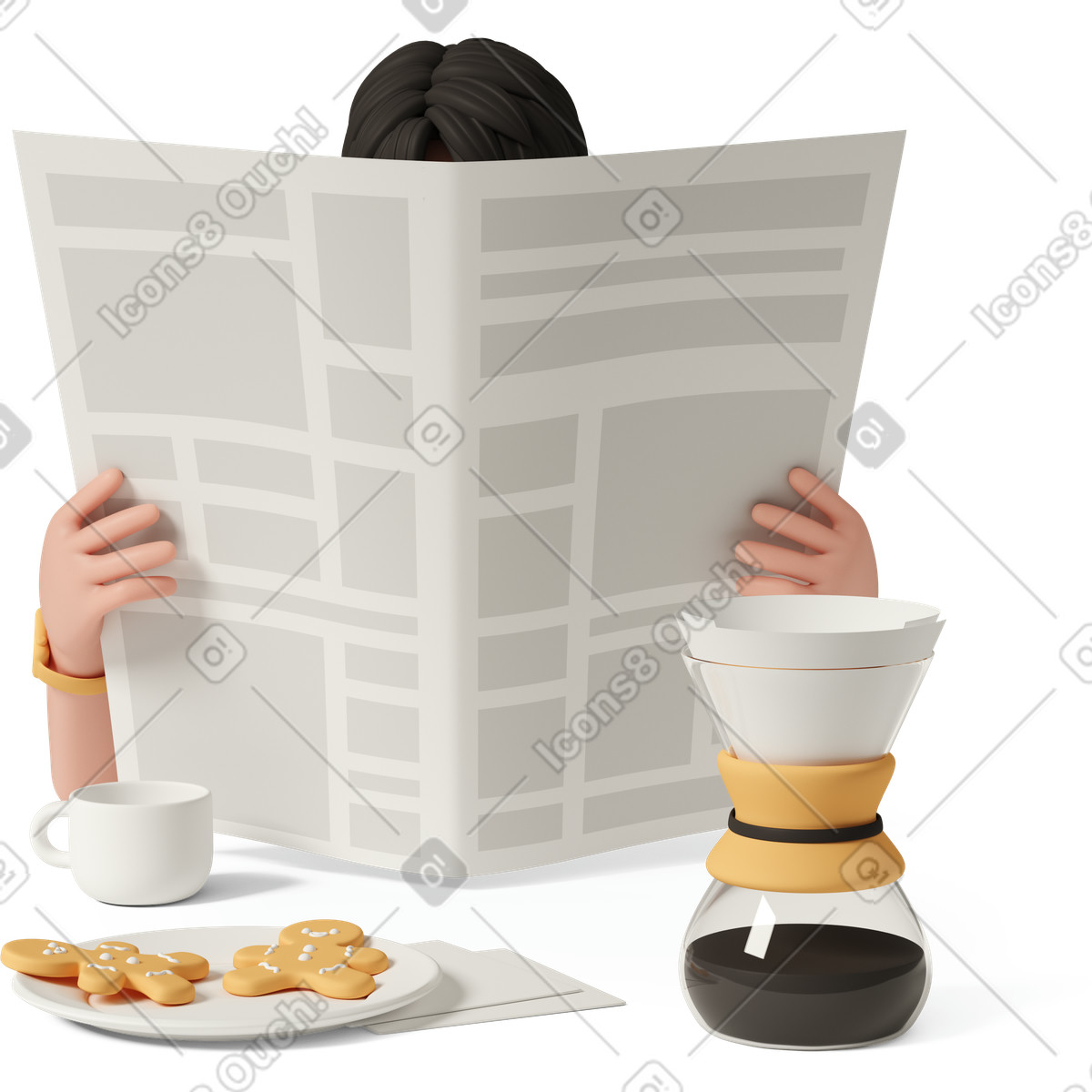 下载 3D Casual life 风格的 Man reading newspaper with cup of coffee 插画，支持 PNG、SVG 格式
