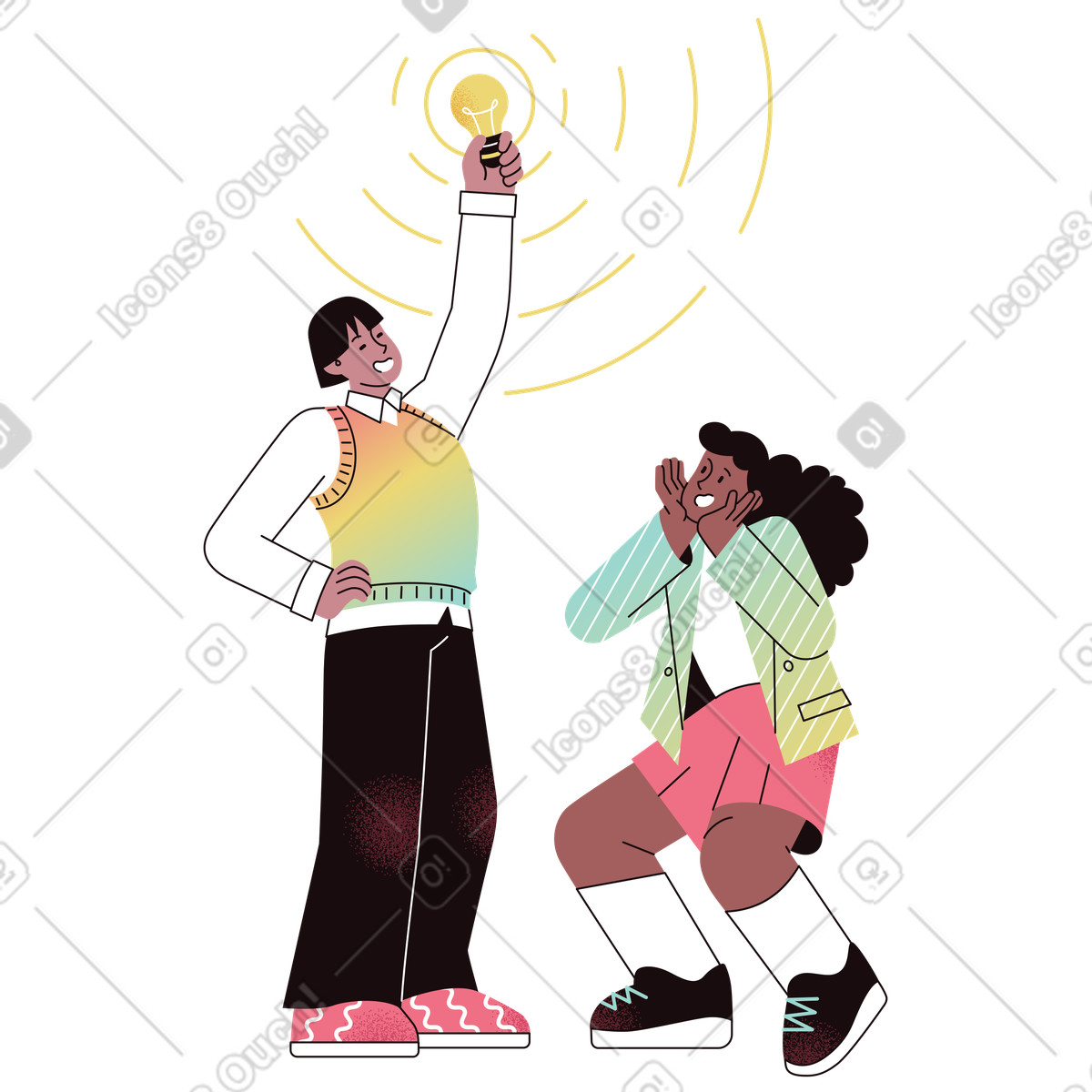 下载 Delight 风格的 Coworkers reacting to bright idea, Collaboration and Innovation 插画，支持 PNG、SVG 格式