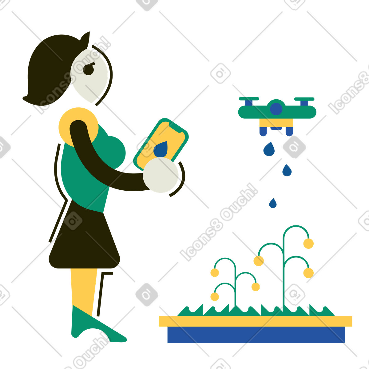 下载 Spot 风格的 女子用无人机浇灌植物 插画，支持 PNG、SVG 格式