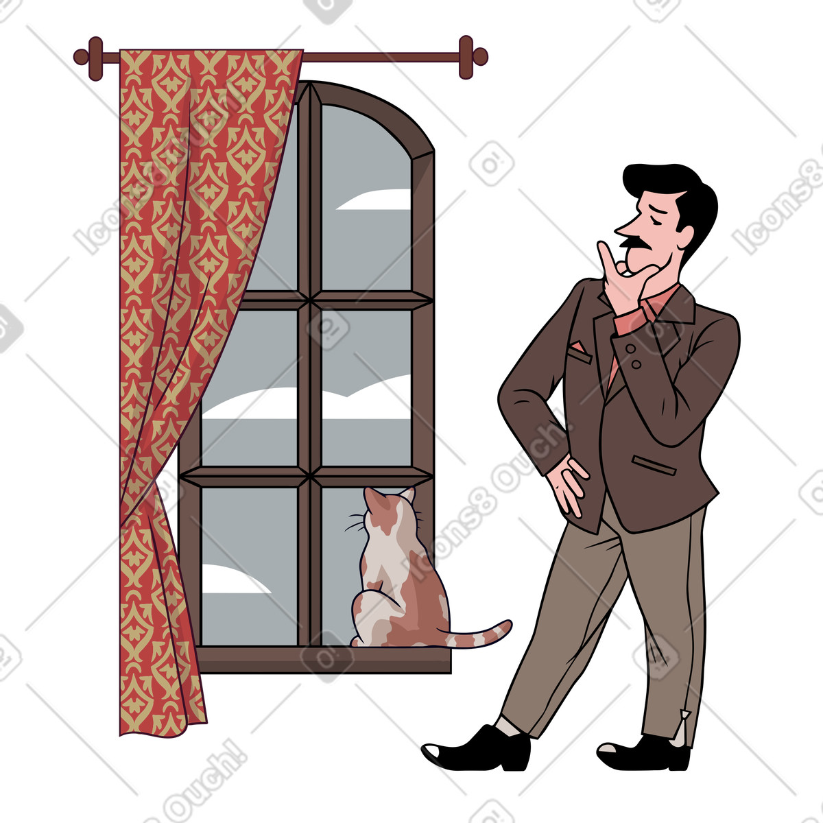 Guy e il suo gatto guardando attraverso la finestra illustrazione in stile Eastwood scarica in PNG, SVG