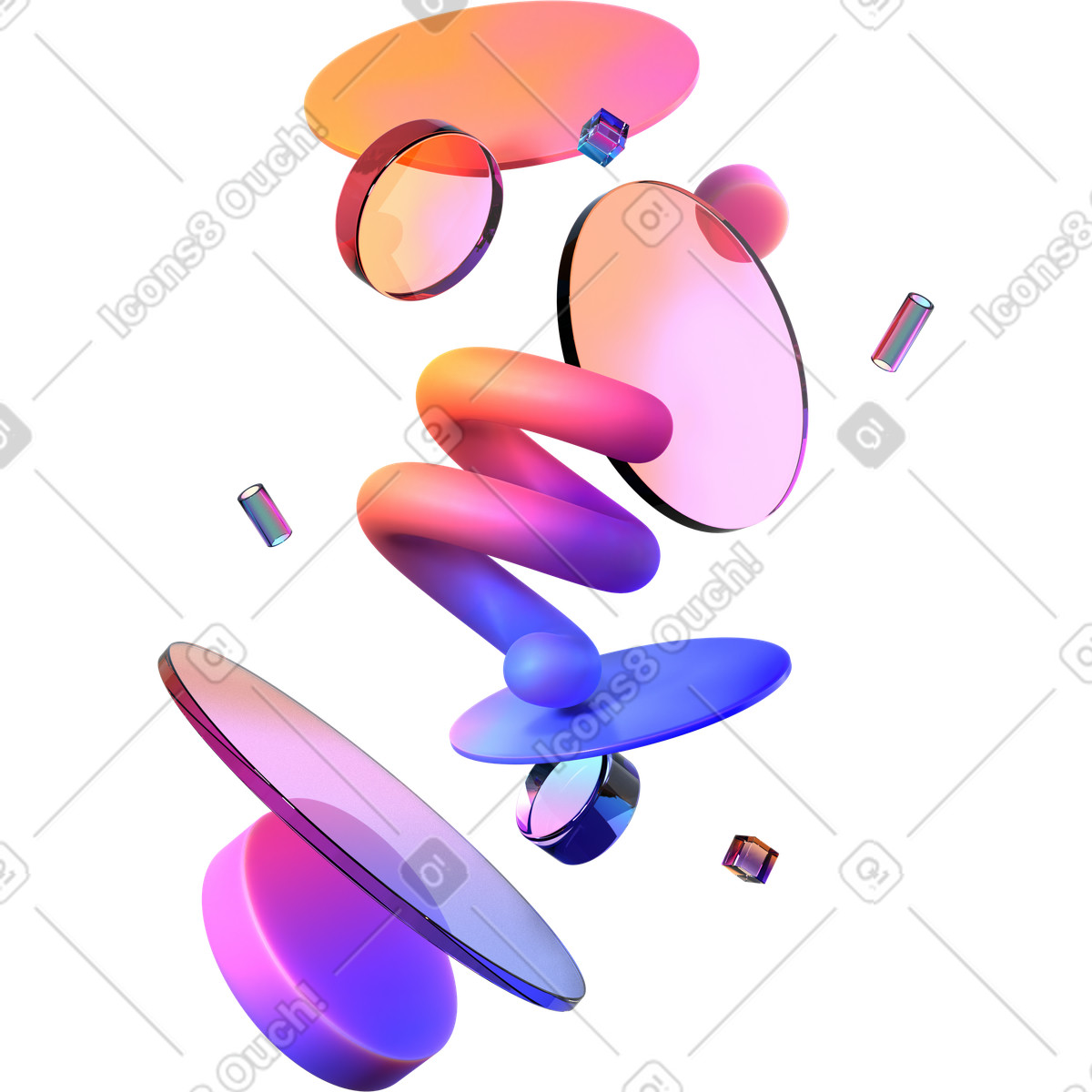 Ilustración Composición dinámica de lentes, cilindros y cubos coloridos en estilo 3D Glassy a descargar en PNG SVG