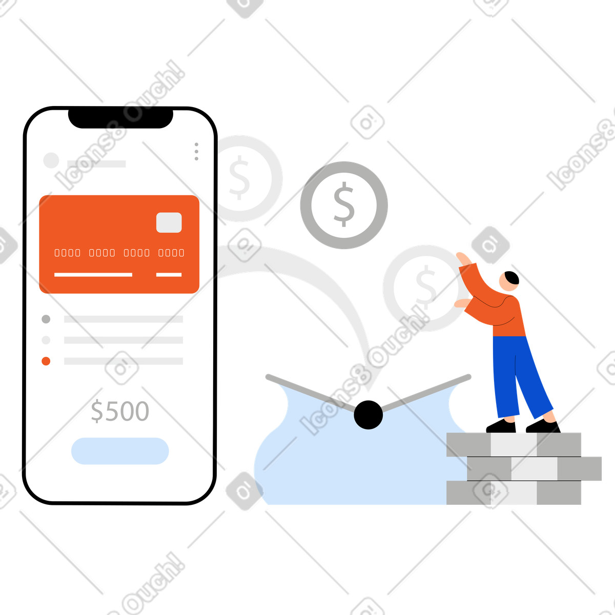 Ilustração de Jovem retirando dinheiro através mobile banking em no estilo Tiny para baixar em PNG, SVG