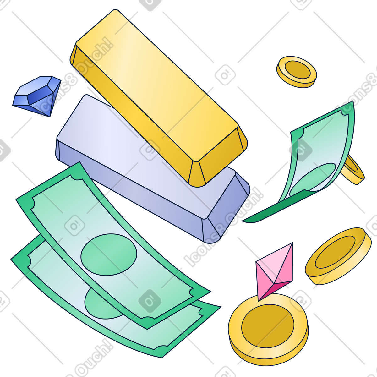Banknotes, gold and silver bars and coins, Income, Investment and wealth accumulation illustration in PNG, SVG