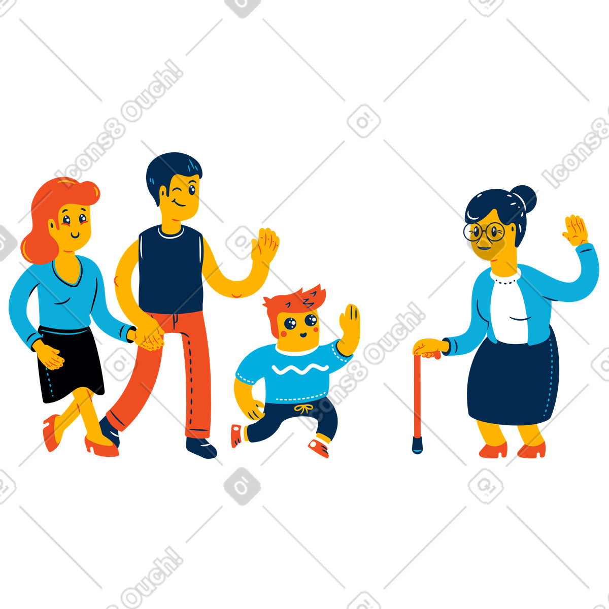 Ilustración Hombre, mujer y su hijo visitando a la abuela. en estilo Flame descargar en PNG SVG