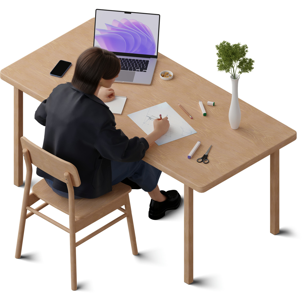 Ilustração de Isometric view of young woman sketching furniture em PNG e SVG