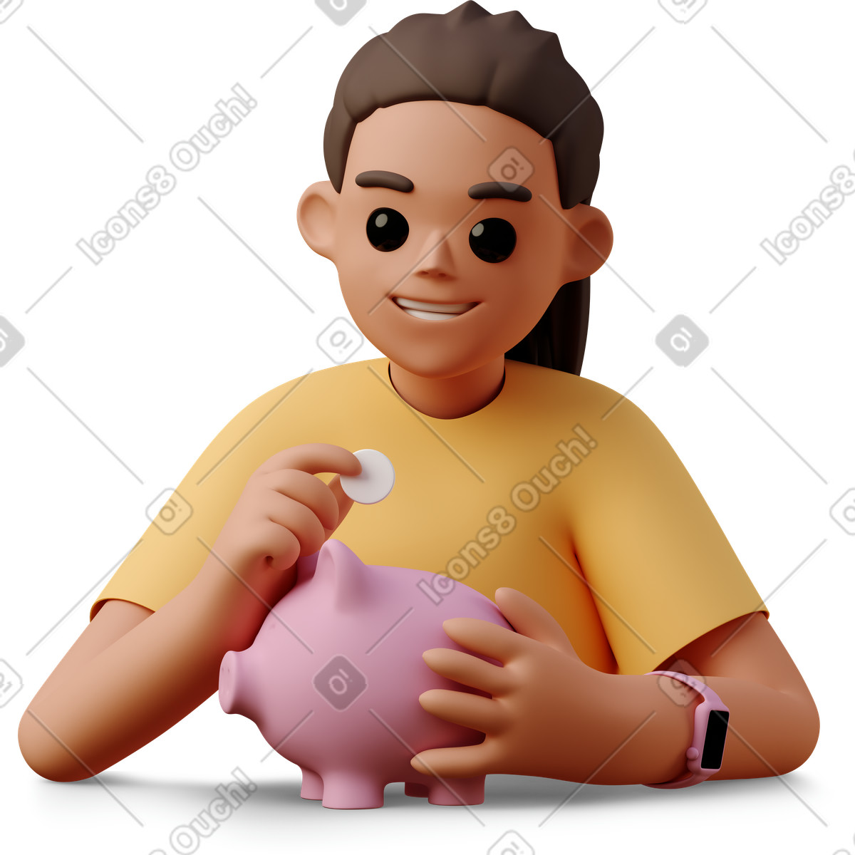 下载 3D Casual life 风格的 Girl with piggy-bank and coin 插画，支持 PNG、SVG 格式