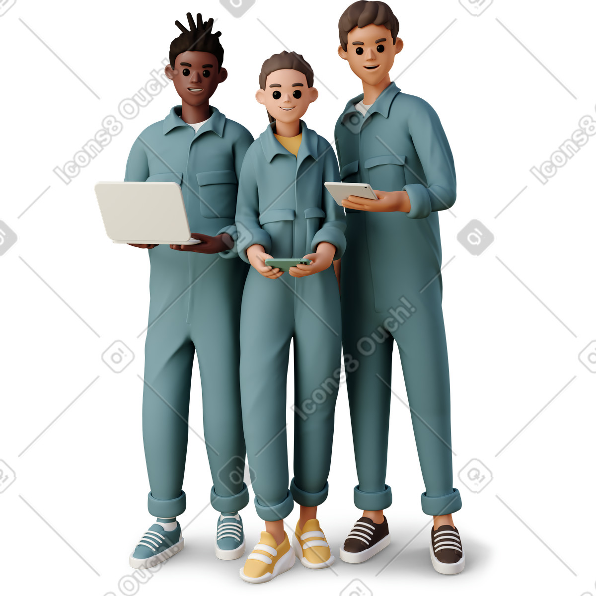 3D Casual life 스타일의 Young people in the worker jumpsuits with gadgets 일러스트레이션 PNG, SVG 다운로드