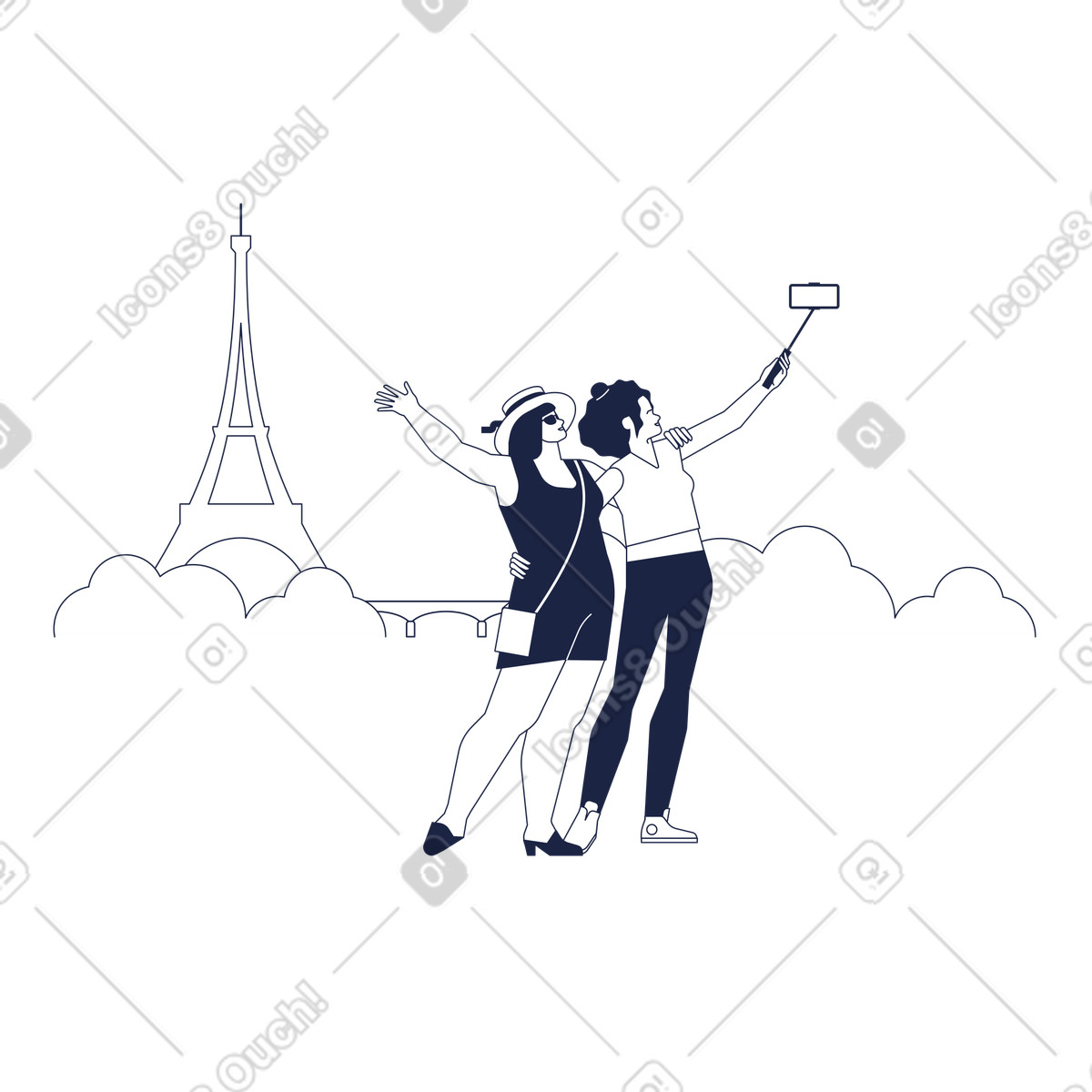 Paar weibliche touristen machen selfies vor dem hintergrund des eiffelturms und der brücke-Illustration im Urban Line-Stil als Download in PNG, SVG