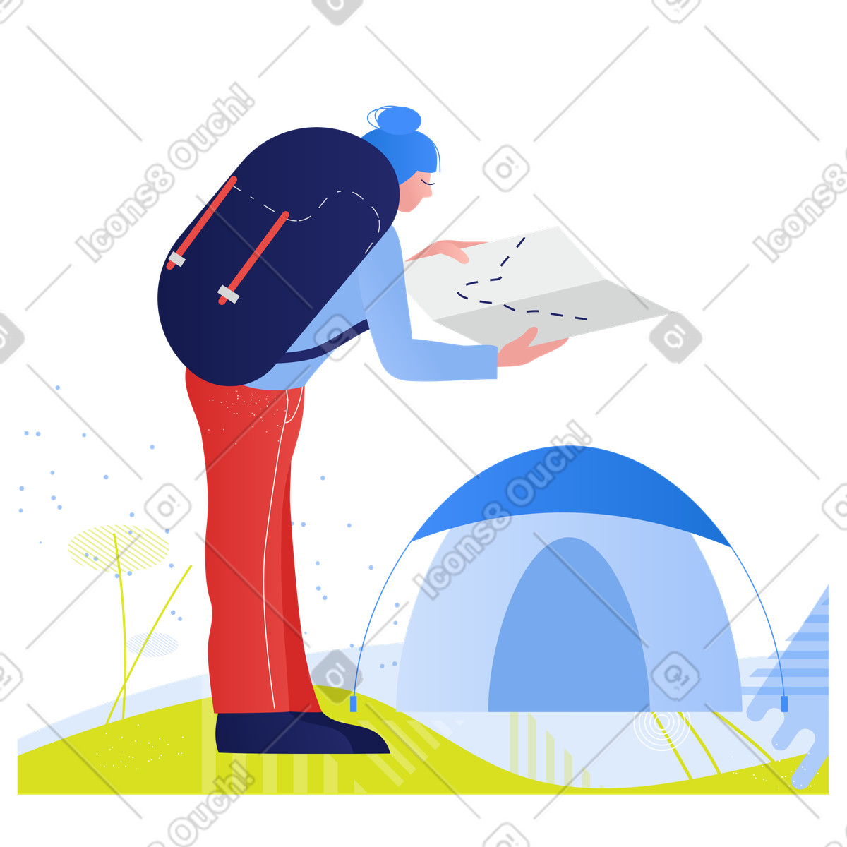 Illustration Touriste féminine avec carte au camping dans le style Clip à télécharger aux formats PNG, SVG