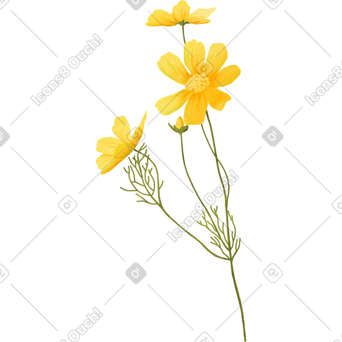 Illustration Fleurs jaunes délicates et un bourgeon sur brin incurvé dans le style Floral à télécharger aux formats PNG, SVG