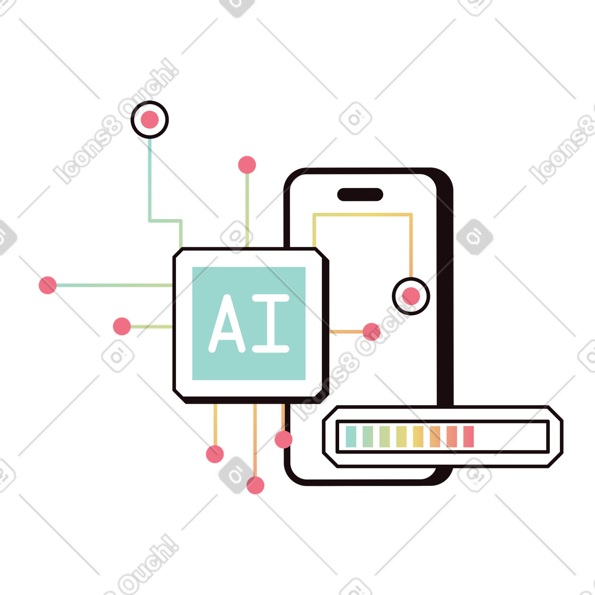 Phone with AI processor and circuits, Mobile artificial intelligence technology illustration in Delight style download in PNG, SVG