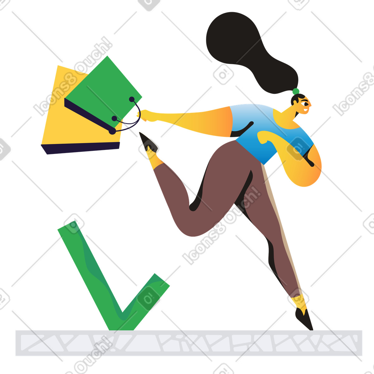 Frau läuft mit einkaufstüten-Illustration im Jaconda-Stil als Download in PNG, SVG