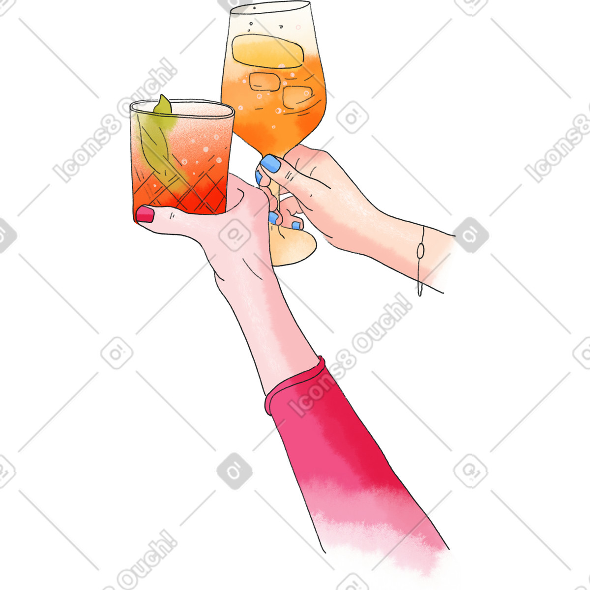 Illustration Two hands holding glasses with drinks dans le style Moments à télécharger aux formats PNG, SVG
