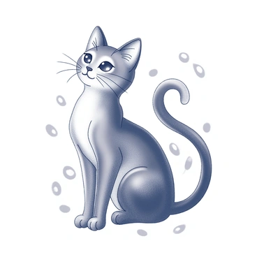A tattoo design featuring a cat with intricate details. The cat is depicted in a sitting position, showcasing its graceful form and expressive eyes. The fur is illustrated with fine lines that suggest texture and movement. The cat's tail is elegantly curled around its body. Surrounding the cat are swirling patterns that add depth to the design, enhancing the overall composition. The tattoo is meant to convey a sense of light reflecting off the feline's form, creating a shimmering effect.