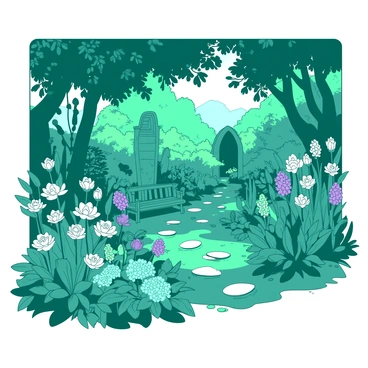 A teal garden is filled with an abundance of lush, vibrant flowers in various shapes and sizes. The flowers bloom in a wide array of colors, creating a stunning visual contrast against the rich green foliage. Some flowers have delicate petals that catch the light, while others stand tall and proud, showcasing their unique designs. In the background, there are ancient stone pathways winding through the garden, leading to a small wooden bench nestled among the flora. Sunlight filters through the dense canopy of leaves above, creating dappled patterns on the ground. The overall scene conveys a sense of tranquility and timeless beauty.