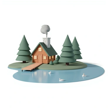 A wooden cabin situated by a calm lake, surrounded by tall evergreen trees. The cabin has a stone chimney from which gray smoke is rising into the crisp air. The lake reflects the clear blue sky and the lush greenery around it. A small wooden dock extends from the edge of the lake, and a few ducks are swimming peacefully nearby. The scene conveys a sense of tranquility and isolation, with the cabin's windows glowing softly as if a warm light is inside.