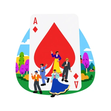 A giant ace of diamonds shaped time machine hovers above the ground, glimmering in shades of red and white. The card's intricate diamond pattern is embellished with sparkling details. Several travelers are emerging from the card, each dressed in a mix of historical and futuristic attire, showcasing a blend of styles from different eras. Their expressions range from excitement to awe as they step out into a vibrant landscape filled with colorful trees and whimsical structures in the background. The scene is lively and filled with movement, emphasizing the adventurous spirit of time travel.