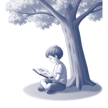 A child is sitting cross-legged on the grassy ground beneath a large tree with a thick trunk and sprawling branches providing shade. The child, with tousled hair, is deeply focused on an open book placed on their lap. As they turn the pages, whimsical and fantastical scenes unfold, with various enchanted creatures and landscapes illustrated as if they are coming to life. The sunlight filters through the leaves, casting dappled shadows on the child and the book. The surrounding environment is serene, enhancing the magical atmosphere created by the book's images.