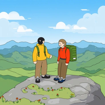 Two hikers, one with dark hair in a ponytail and wearing a bright yellow jacket, and the other with short light brown hair in a red shirt, are standing at the summit of a rocky mountain. They are both smiling and looking out over the expansive landscape, with valleys and peaks stretching into the distance. The sky above them is a vibrant blue with fluffy white clouds scattered throughout. The hikers have small backpacks slung over their shoulders, and the mountain is covered with patches of green grass and colorful wildflowers. Sunlight illuminates the scene, creating a cheerful atmosphere.