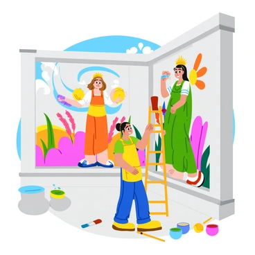 An artist wearing a paint-splattered apron stands on a tall ladder, carefully painting a vibrant mural of "Hera" on a large wall inside an ancient Greek temple. The mural depicts "Hera" adorned with a golden crown and flowing robes, surrounded by colorful flowers and intricate patterns. Sunlight streams through the tall columns of the temple, casting light on the artwork. Paintbrushes and pots of paint in various colors are scattered on the ground around the artist, adding a lively touch to the scene.