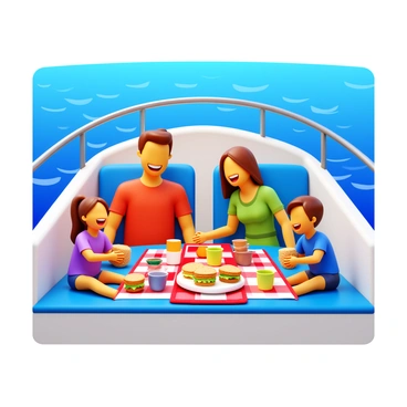 A family enjoying a picnic on the aft deck of a motor yacht. The deck is adorned with a vibrant tablecloth spread out, featuring an array of sandwiches neatly arranged on a platter. Various drinks are placed in colorful cups around the food. The family members are smiling and laughing, with two children sitting on the floor and holding sandwiches, while the parents are seated on comfortable deck chairs. The backdrop shows a clear blue sky and gentle waves of the sea.
