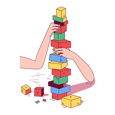Small hands are carefully stacking an array of colorful blocks to build a tall tower. The blocks are in various shapes and sizes, with bright colors including red, yellow, blue, and green. Each block is placed with precision, and some are slightly tilted, showcasing the playful challenge of balancing. The scene is set on a light-colored wooden floor, providing a warm backdrop for the vibrant colors of the blocks. The tower stands in the center, reaching upward, while a few blocks lie scattered nearby, hinting at the ongoing construction.