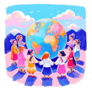A diverse group of children from various ethnic backgrounds are standing in a circle, holding hands around a giant globe. The globe is detailed, showing continents and oceans in vibrant colors. Each child is wearing traditional clothing representative of their culture. Their expressions are joyful and friendly, showcasing a spirit of unity. In the background, there are soft clouds and a bright blue sky, enhancing the sense of openness and positivity.