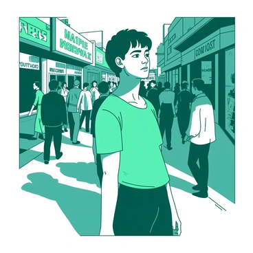 A teal person stands in a bustling, crowded street, surrounded by a diverse group of individuals engaged in various activities. The person's gaze is locked onto another individual across the street, creating a moment of eye contact that feels intimate amidst the chaos. The background features blurred figures and colorful storefronts, emphasizing the vibrant atmosphere of the street. Sunlight casts dynamic shadows, highlighting the expressions of the people around them. The person’s face reflects a mixture of curiosity and warmth, suggesting a deep connection in that fleeting moment.
