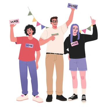 A digital flat illustration featuring a diverse group of people standing together, each holding "I Voted" stickers proudly in their hands. On the left, a woman with curly black hair wearing a red t-shirt and blue jeans has a big smile. Next to her, a man with short brown hair and glasses is wearing a white shirt and khaki pants, also displaying his sticker. On the right, a person with long straight hair dyed purple is wearing a black hoodie and denim shorts, raising their sticker with excitement. In the background, there are colorful balloons and banners celebrating voting, adding a festive atmosphere to the scene.