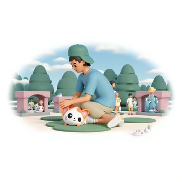 A trainer, wearing a green cap, a blue t-shirt, and khaki shorts, is gently petting a friendly Pokémon that resembles a small, round creature with big eyes and soft, colorful fur. The Pokémon is sitting comfortably on a patch of grass, looking content with its eyes closed. Around them, there are various enclosures showcasing different species of Pokémon, with a vibrant backdrop of trees and a bright blue sky above. Other trainers and visitors can be seen in the background, interacting with different Pokémon, creating a lively atmosphere at the petting zoo.