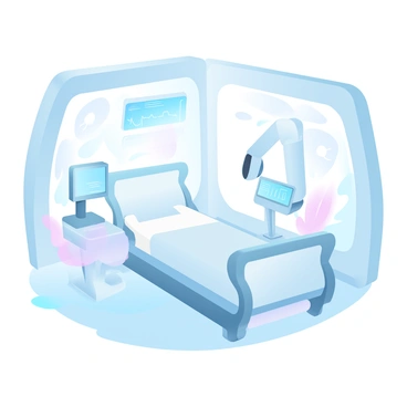 A futuristic hospital room features sleek, smooth surfaces and ambient lighting in gradient pastel colors. Advanced medical equipment, including a holographic display panel, is arranged around the room. A patient bed with clean, white linens is positioned in the center, surrounded by various monitors displaying vital signs and health data. A robotic arm stands next to the bed, ready to assist with tasks. The walls are adorned with clear glass panels that integrate nature views, enhancing the serene atmosphere of the room.