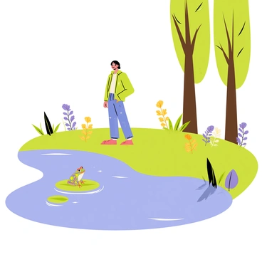 A figure standing at the edge of a woodland pond. The figure has a relaxed stance, wearing a green jacket and blue jeans. The pond is calm, reflecting the surrounding tall trees with large green leaves. Various shades of brown and green are present on the tree trunks and foliage. Brightly colored flowers, such as yellow and purple, are blooming near the pond's edge. Soft ripples are visible on the water's surface, disturbed by a small, colorful frog perched on a lily pad.