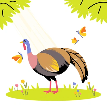 A wild turkey with iridescent feathers standing still on lush green grass in a sunny glade. Colorful butterflies in shades of orange, yellow, and blue flutter around the turkey, creating a lively atmosphere. Sunlight filters through the leaves of nearby trees, casting dappled light on the ground and illuminating the scene. The turkey's beady eyes are alert as it observes the movement around it, while small wildflowers in various colors dot the surrounding area.