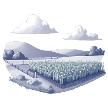 A farmer's field planted with rows of crops that are swaying gently in the breeze. The plants have a variety of stalks and leaves, displaying their lush greenery. In the background, there are dark clouds gathering in the sky, indicating an approaching occluded front. The landscape features gentle hills that frame the field, and there is a rustic wooden fence bordering the area. A few scattered rocks and patches of wild grass add to the natural setting.