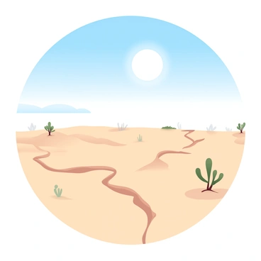 A vast expanse of dry, cracked earth that stretches out towards the horizon. The ground is a light beige color with deep fissures running through it, indicating severe drought. Above, the sky is a bright, clear blue, with the blazing sun positioned high, casting intense light across the landscape. A few sparse, parched shrubs can be seen dotting the terrain, adding subtle hints of green among the browns and yellows of the earth.