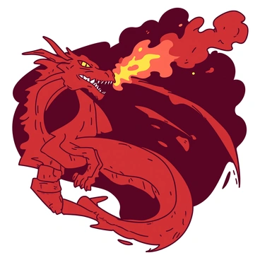 A red dragon with sharp, spiked scales is breathing bright orange fire into the sky. The flames illuminate the dark background, and thick smoke is swirling around the dragon's majestic wings. The wings are spread wide, showcasing their intricate patterns and details. The dragon's fierce eyes glow as it gazes into the distance while its powerful claws grip a rocky ledge.