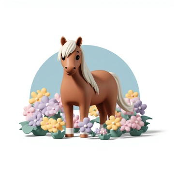 A small poney with a shiny chestnut coat stands gracefully among a colorful array of spring flowers. The poney has a long, flowing mane, gently cascading down its neck. Surrounding the poney are vibrant flowers in shades of pink, yellow, and purple, with green leaves peeking through. The scene is filled with sunlight, casting soft shadows among the flowers and highlighting the poney's features. The backdrop features a clear blue sky, further enhancing the cheerful atmosphere of the spring setting.