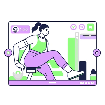 A celebrity fitness influencer is demonstrating leg extension exercises in front of a camera for a live video stream. She is wearing a fitted workout outfit, including a tank top and high-waisted leggings. Her hair is tied back in a ponytail, allowing her to showcase her focused expression. The setting includes a clean and organized gym space with exercise mats and weights in the background. The influencer is sitting on a leg extension machine, showcasing proper form, with her hands gripping the sides of the machine. A digital timer on the screen indicates the duration of the exercise segment. In the corner, comments from viewers can be seen scrolling, adding to the interactive atmosphere.