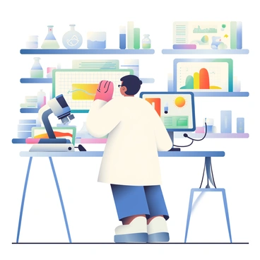 A scientist with dark hair and glasses is standing in a laboratory, focused on analyzing data from a spectrometer. They are wearing a white lab coat and are surrounded by various scientific equipment, including beakers and a microscope. A large screen displays a colorful solar spectrum graph, showcasing a range of colors. The spectrometer is placed on the lab bench, with a connection to a light source capturing solar light. There are stacks of research papers and notebooks scattered around, indicating ongoing experiments and data analysis. The walls of the lab are lined with shelves filled with glass containers and scientific instruments.
