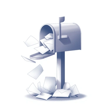 A small mailbox stands on a post in a grassy area. The mailbox is open, and an overflowing cascade of letters spills out. The letters are various shapes and sizes, some are neatly stacked while others are scattered chaotically around the base of the mailbox. The scene captures the motion of the letters in mid-flow, emphasizing the abundance of correspondence. The mailbox itself features a classic design with a flag raised, indicating outgoing mail.