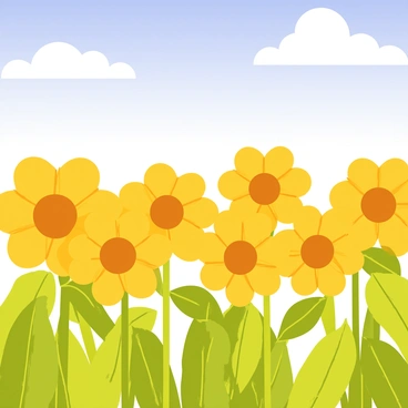 A field filled with bright yellow sunflowers, their large round heads facing upwards, swaying gently in the breeze. The sunflowers are surrounded by lush green leaves, creating a vibrant contrast. Above them, a clear blue sky stretches wide, dotted with a few fluffy white clouds, adding depth to the scene. A soft sunlight bathes the field, illuminating the sunflowers and showcasing their vibrant colors.