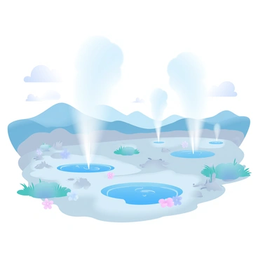 A vast landscape featuring multiple geysers erupting steam and water into the air. The ground is dotted with vibrant hot springs, showcasing shades of blue and green in their clear waters. Surrounding the geysers and hot springs are patches of grass and colorful wildflowers, adding a touch of life to the scene. In the distance, rolling hills create a backdrop, with hints of mineral deposits visible on the terrain, reflecting the geothermal activity in the area. Steam rises gently from various spots, creating an ethereal atmosphere.