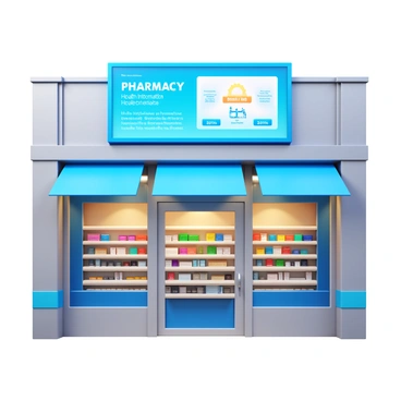 A modern pharmacy storefront featuring a sleek, glass facade. The entrance is framed by minimalist architectural lines with a polished metallic finish. A large digital display board is prominently positioned above the entrance, showcasing health information and promotions in bright colors. The windows are clean and inviting, allowing a glimpse of the organized interior filled with neatly arranged shelves of products. A welcoming atmosphere is created by warm lighting illuminating the space.