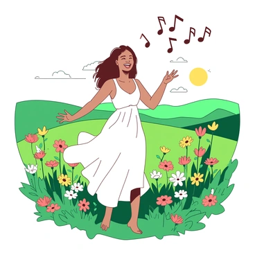 A joyful singer is standing in the center of a lush green meadow, surrounded by a variety of colorful wildflowers. The singer has a bright smile and is wearing a flowing white dress that sways gently in the breeze. Musical notes in various sizes and shapes are floating around the singer, appearing to dance in the air. The sun is shining brightly, illuminating the scene and creating a warm atmosphere. In the background, there are distant hills that add depth to the meadow, completing this lively and vibrant setting.