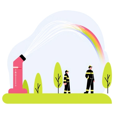 A bright red fire hose is positioned on a grassy field, actively spraying a large arc of water into the air. The water mist catches the sunlight, creating a vivid rainbow that stretches across the sky. In the background, a few firefighters in uniform are engaged in the training exercise, watching the water spray with focused expressions. The scene is lively, with trees lining the edges of the training area and a clear blue sky above.