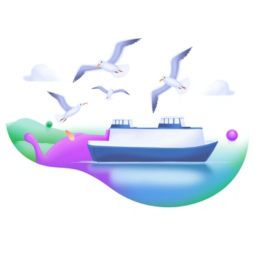 A flock of seagulls with white feathers and gray tips is flying in a dynamic formation above a bunker barge. The barge is painted in shades of blue and white, gently cruising through a calm bay. The water reflects the clear sky and the soft pastel colors surrounding the scene. In the background, subtle hints of greenery and distant hills can be seen, providing a serene backdrop to this coastal moment.